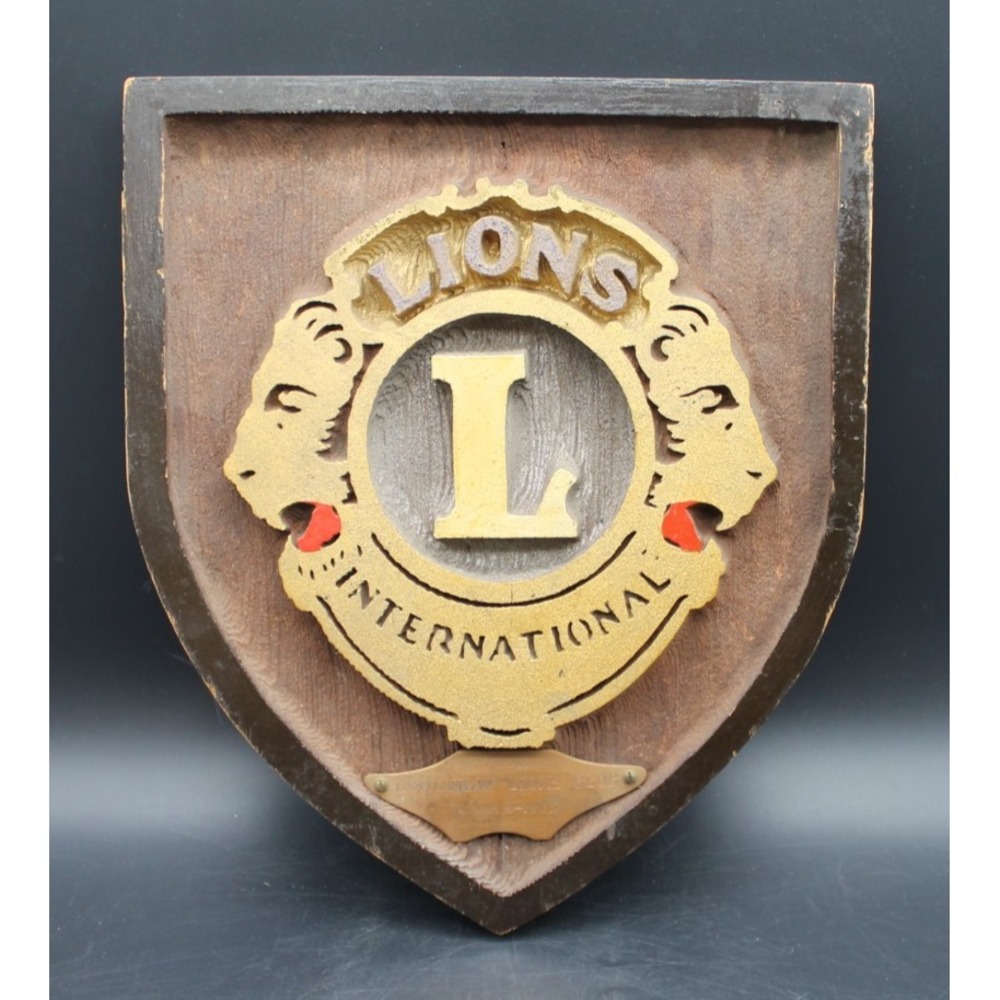 Vintage 1935 Longview Lions Club Plaque Lions International Wood Brass Shield